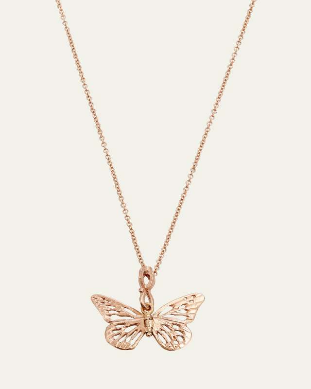 14Kr Gold Monarch Butterfly Necklace On 14K Rose Gold Chain w/ 2 Diamond Accents